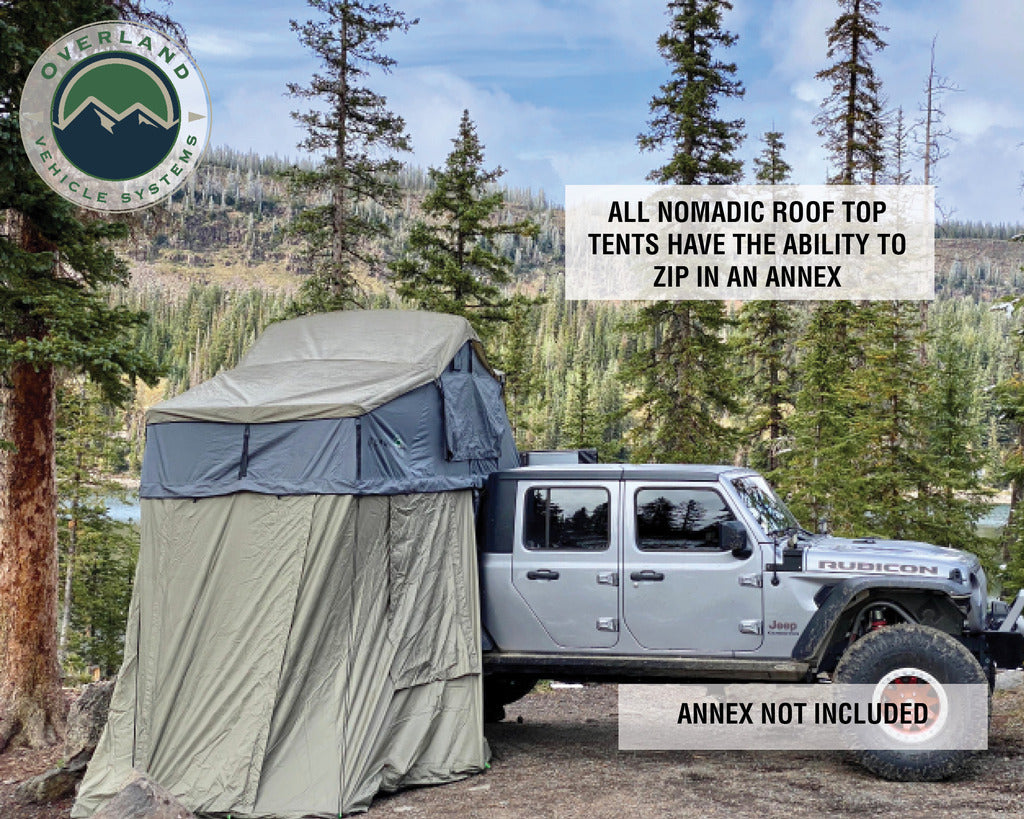 Overland Vehicle Systems Nomadic 4 Extended Roof Top Tent - Dark Gray Base With Green Rain Fly & Black Cover, Black Aluminum Base, Black Ladder