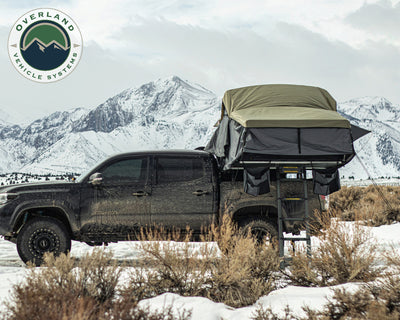 Overland Vehicle Systems Nomadic 4 Extended Roof Top Tent - Dark Gray Base With Green Rain Fly & Black Cover, Black Aluminum Base, Black Ladder