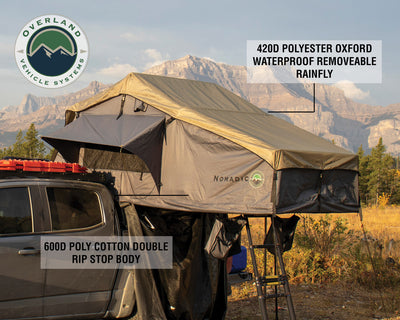 Overland Vehicle Systems Nomadic 4 Extended Roof Top Tent - Dark Gray Base With Green Rain Fly & Black Cover, Black Aluminum Base, Black Ladder