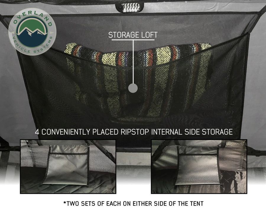 Overland Vehicle Systems Nomadic 2 Extended Roof Top Tent - Dark Gray Base With Green Rain Fly With Bonus Pack