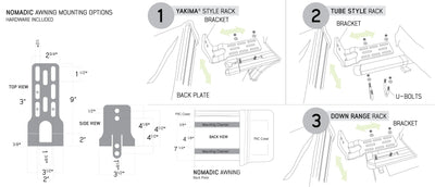 Overland Vehicle Systems Nomadic Awning 270 Dark Gray Cover With Black Transit Cover Driver Side & Brackets